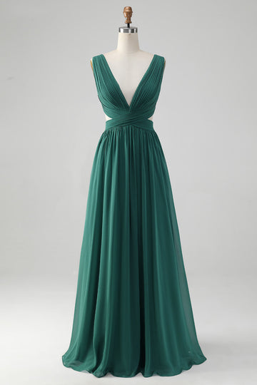 Dark Green A Line Chiffon Long brudepike kjole med blonder opp tilbake